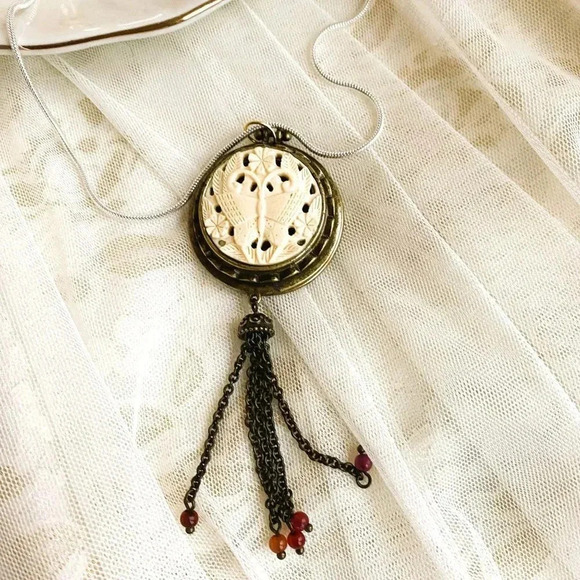 Antique Round Butterfly Brass Pendant Necklace with Sterling Silver chain 18" - Picture 5 of 7